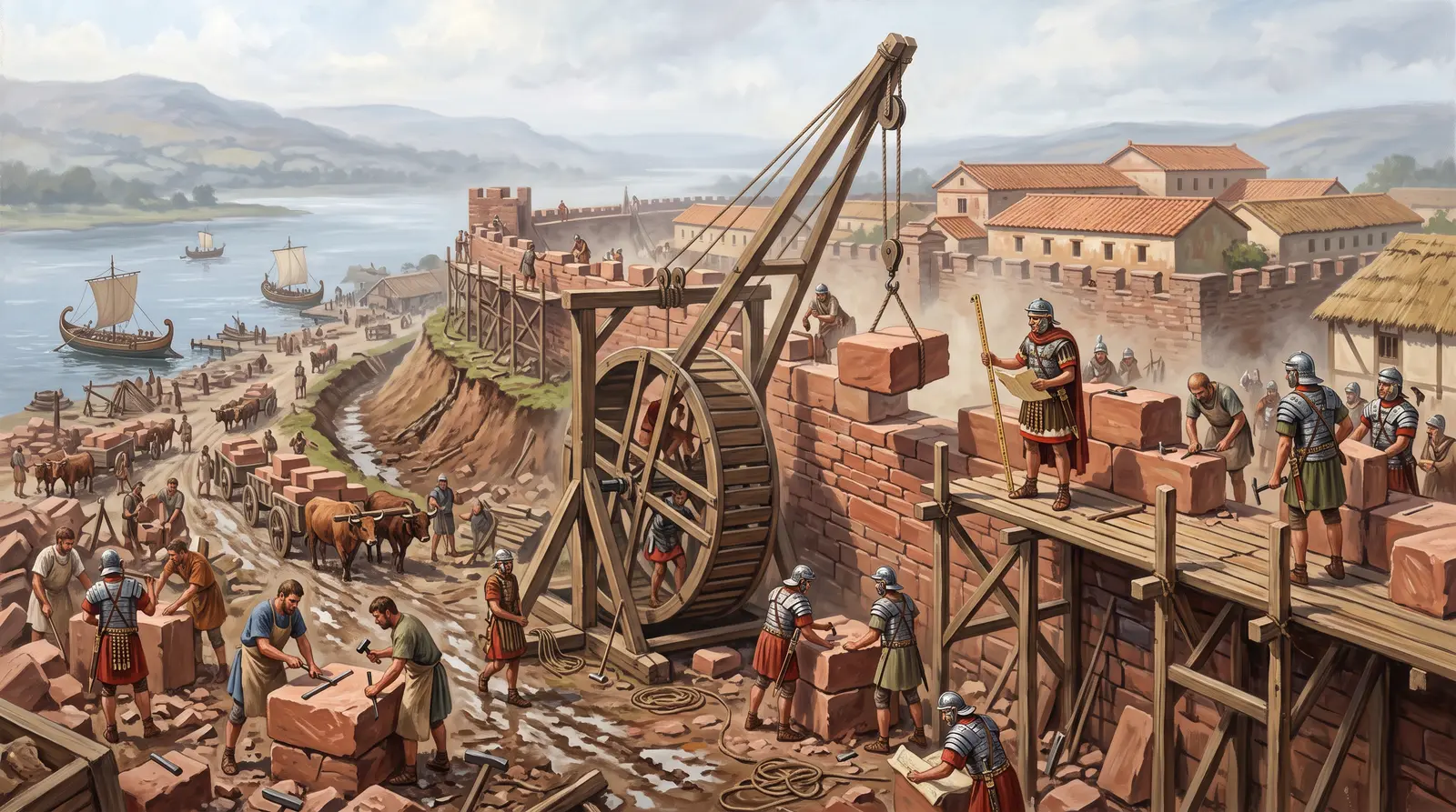 Reconstruction of legionaries building the stone wall.