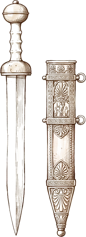 Ink sketch of a Roman short sword beside its scabbard.