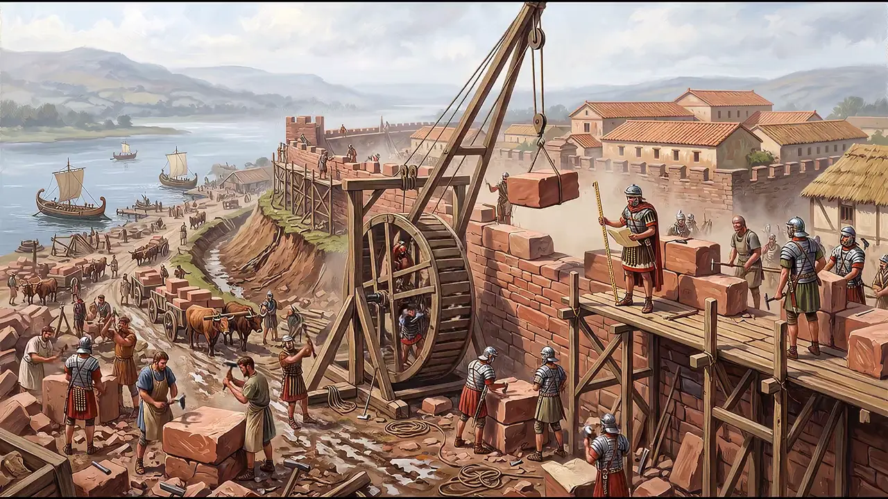 Painted reconstruction of legionaries building the fortress wall in red sandstone with a treadwheel crane.