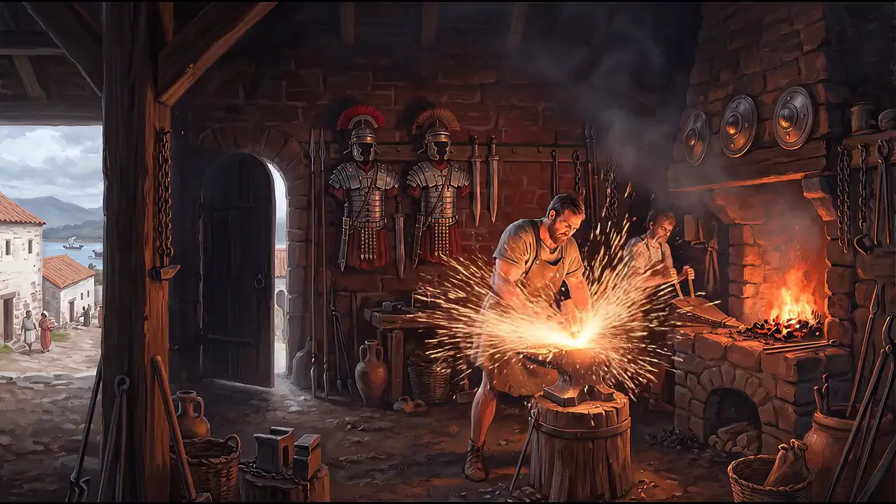 Painted reconstruction of a smith hammering glowing iron in the fortress workshop.