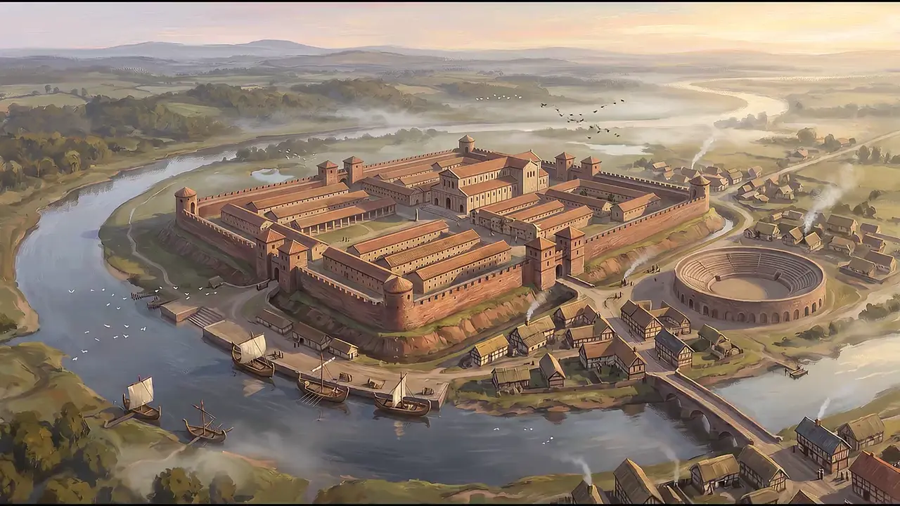 A painted reconstruction of the Roman fortress of Deva at dawn: red sandstone walls and tiled barracks on a ridge above the curving River Dee, with ships at the quay and the amphitheatre outside the walls.
