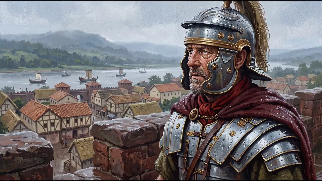 Painted portrait of a weathered legionary of the Twentieth on the fortress wall in the rain.
