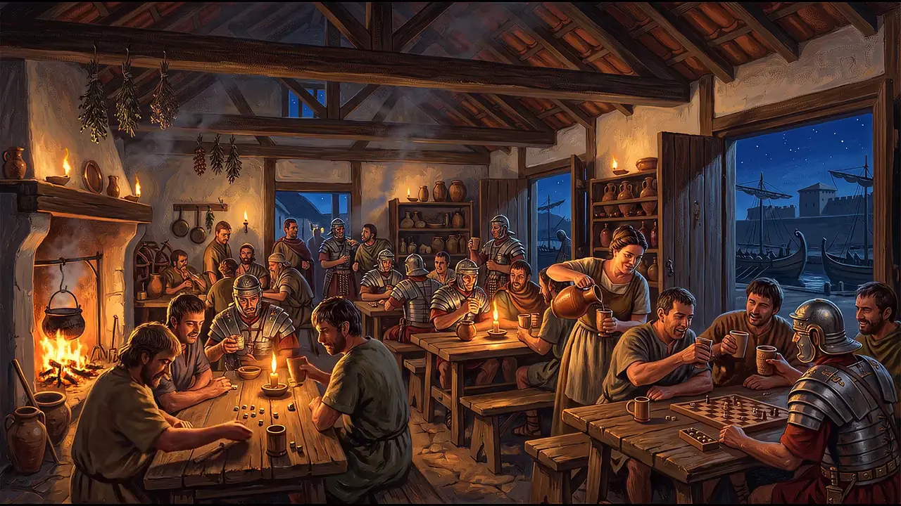 Painted reconstruction of soldiers and locals playing dice in a lamplit tavern.