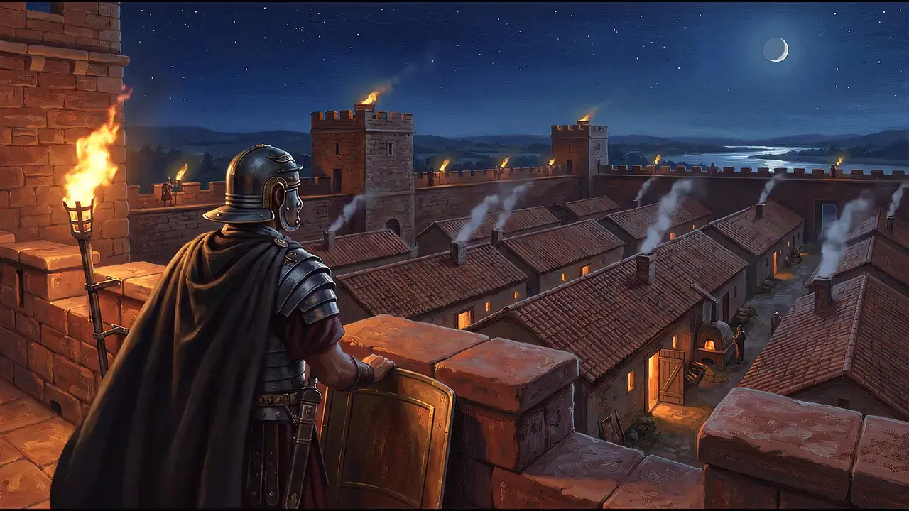 Painted reconstruction of a sentry on the fortress wall at night beside a burning torch, the barracks below.